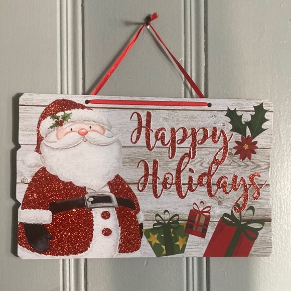 NWT Gleaming Red Glittered Santa Happy Holidays Planked Wood Decoration Sign - Picture 10 of 17
